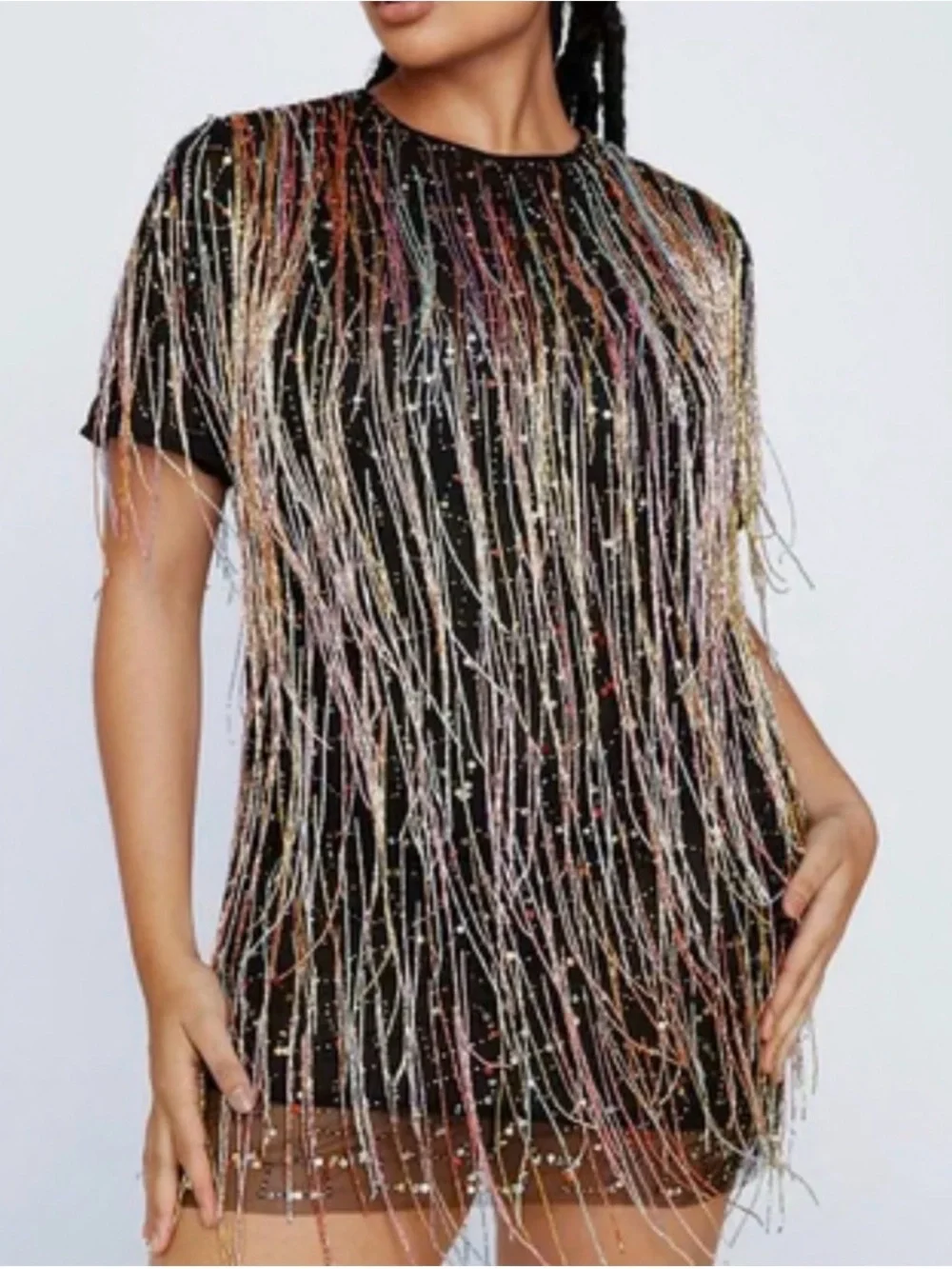 Nasty Gal Black Sequin Fringe Mini Dress with Gold & Pink Accents - Picture 2 of 5